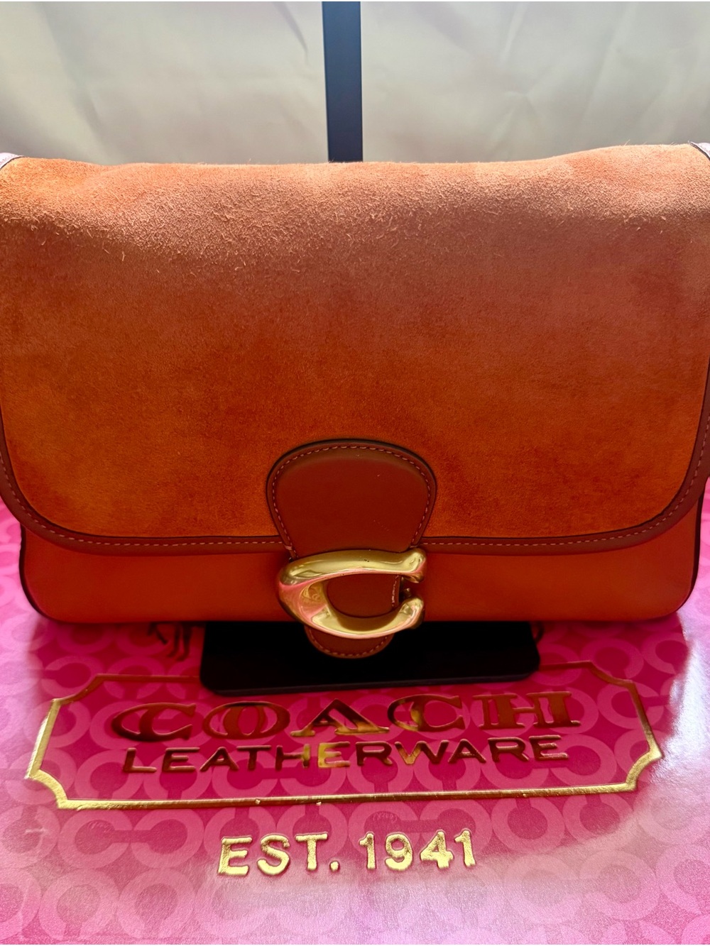Coach Orange Suede & Leather Crossbody with Gold 'C' Clasp